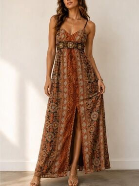 Y2K Spenser Jeremy Sequin/Bead Embellished Silk/Metallic Maxi Dress Paisley , 8